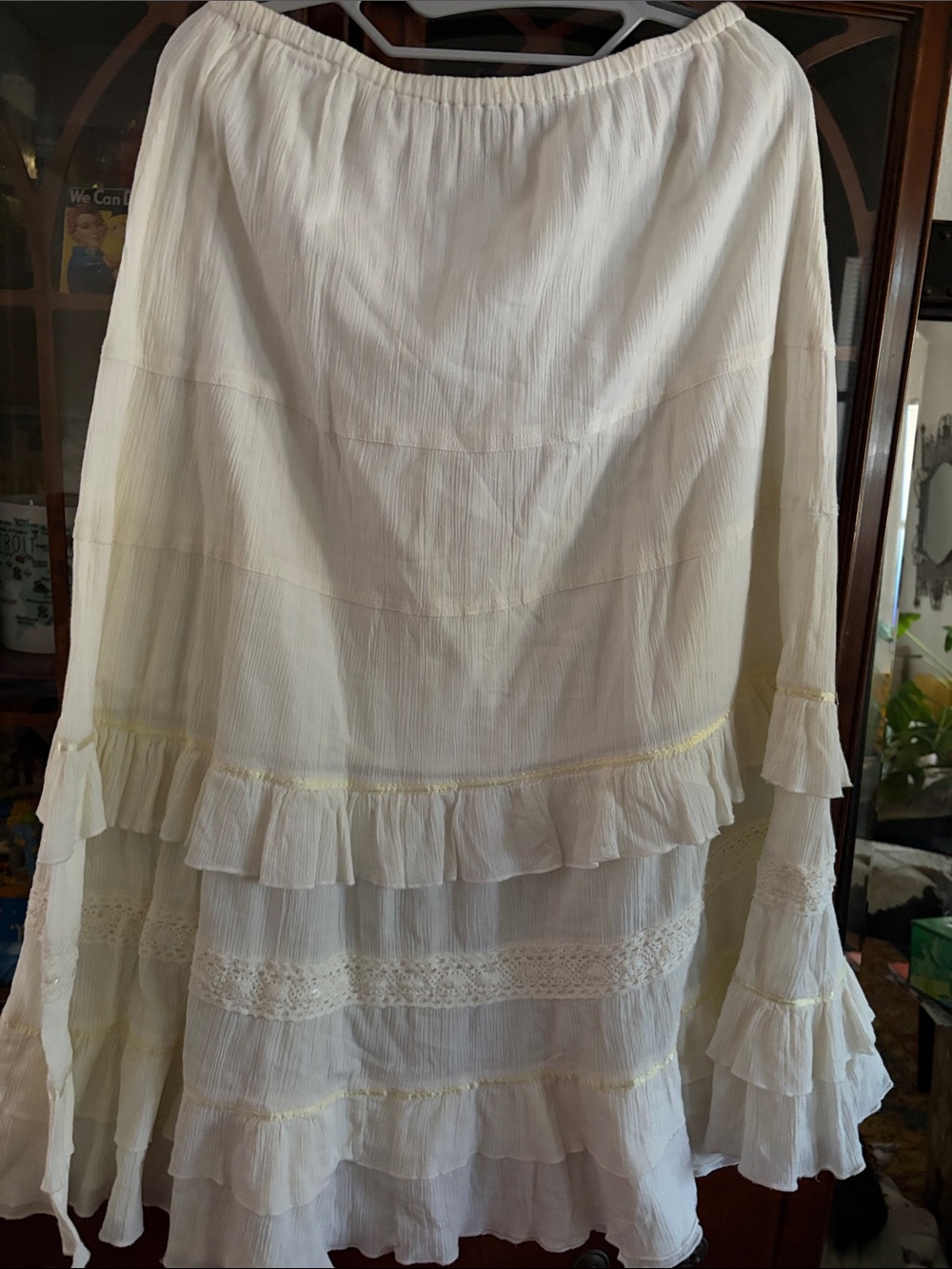 Notations Cream Tiered Ruffle Maxi Skirt with Lace Trim